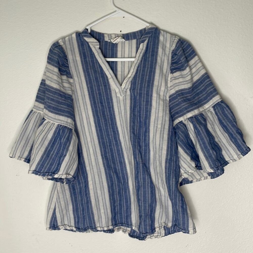 Loveriche Size Small Blue White Cotton Striped V Neck Blouse Bell Sleeve
